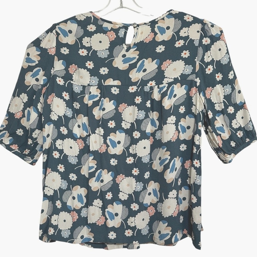 Boden Floral Blouse Womens Blue Retro Floral Print Keyhole Back Cottagecore 10